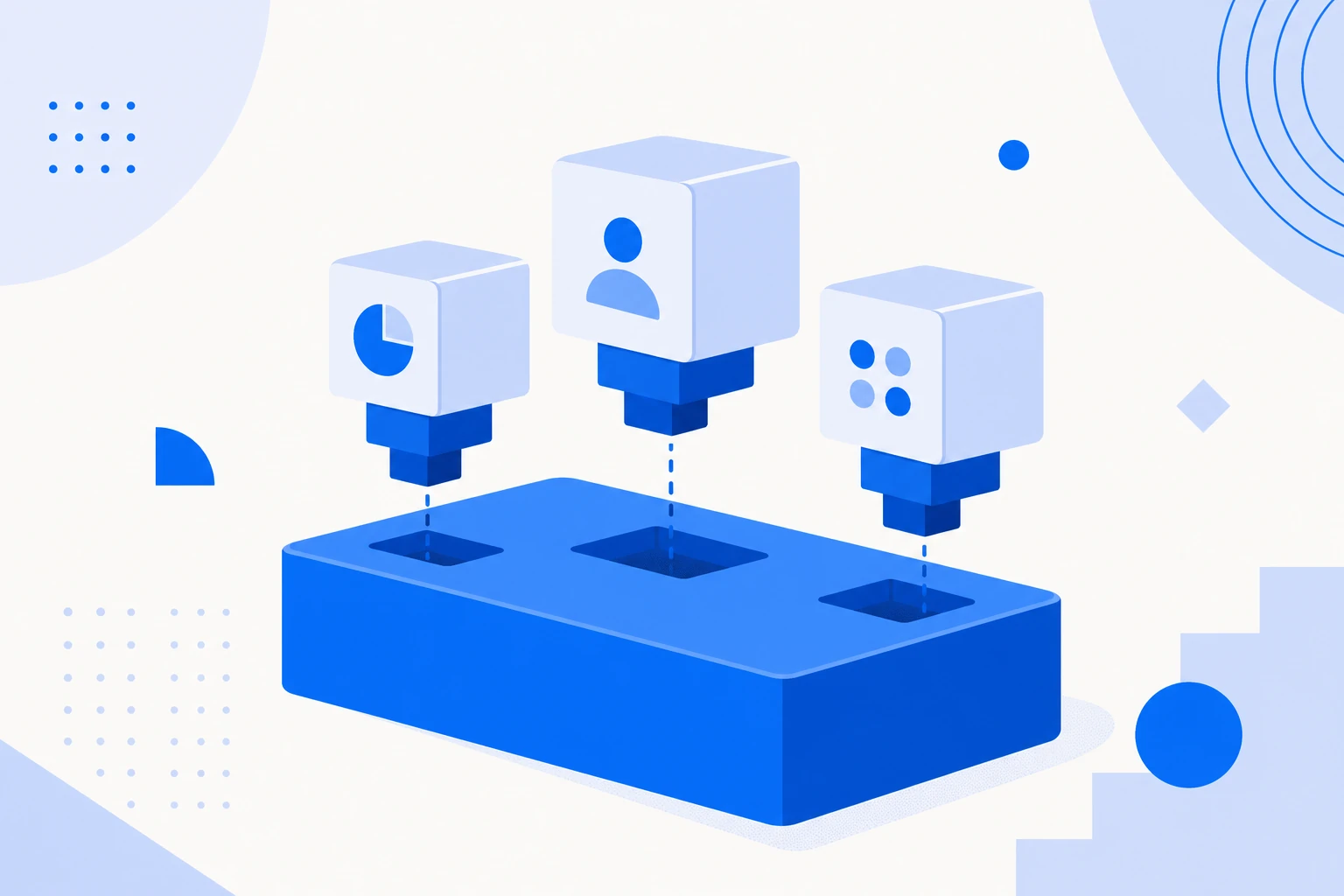 Ilustração de add-ons: um plano base com módulos extras encaixados por cima, como assentos e armazenamento.