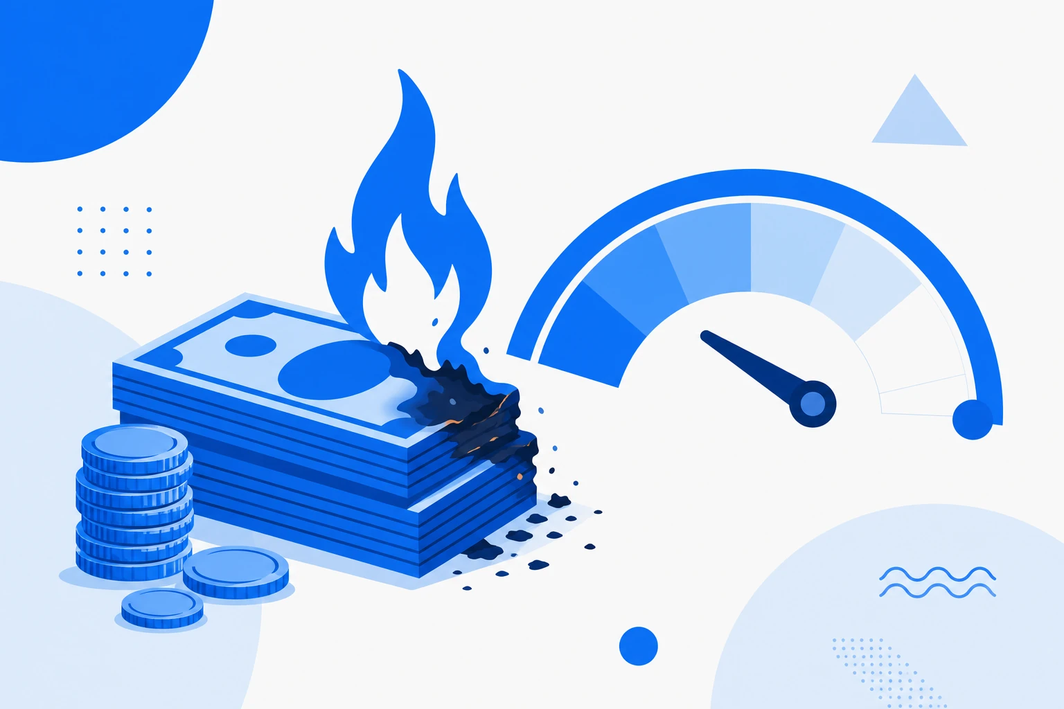 Ilustração de burn rate: uma reserva de caixa diminuindo mês a mês enquanto a empresa opera.