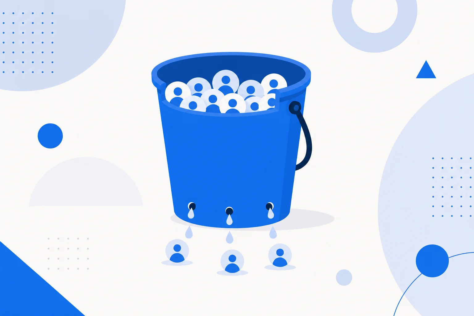 Ilustração de churn: um balde de assinantes com pequenos vazamentos representando clientes e receita que escapam.