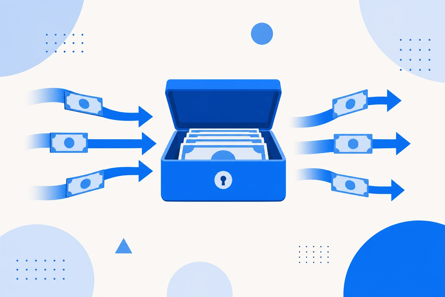 Ilustração de fluxo de caixa: setas de entradas de dinheiro e setas de saídas convergindo para o caixa de uma empresa.