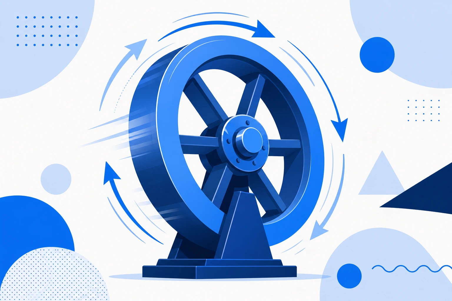 Ilustração de um volante de crescimento girando: clientes satisfeitos, indicações, aquisição barata e reinvestimento em ciclo.