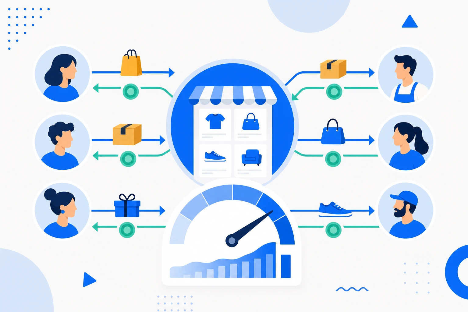 Ilustração de volume bruto de mercadorias: várias transações de um marketplace somadas num total movimentado no período.