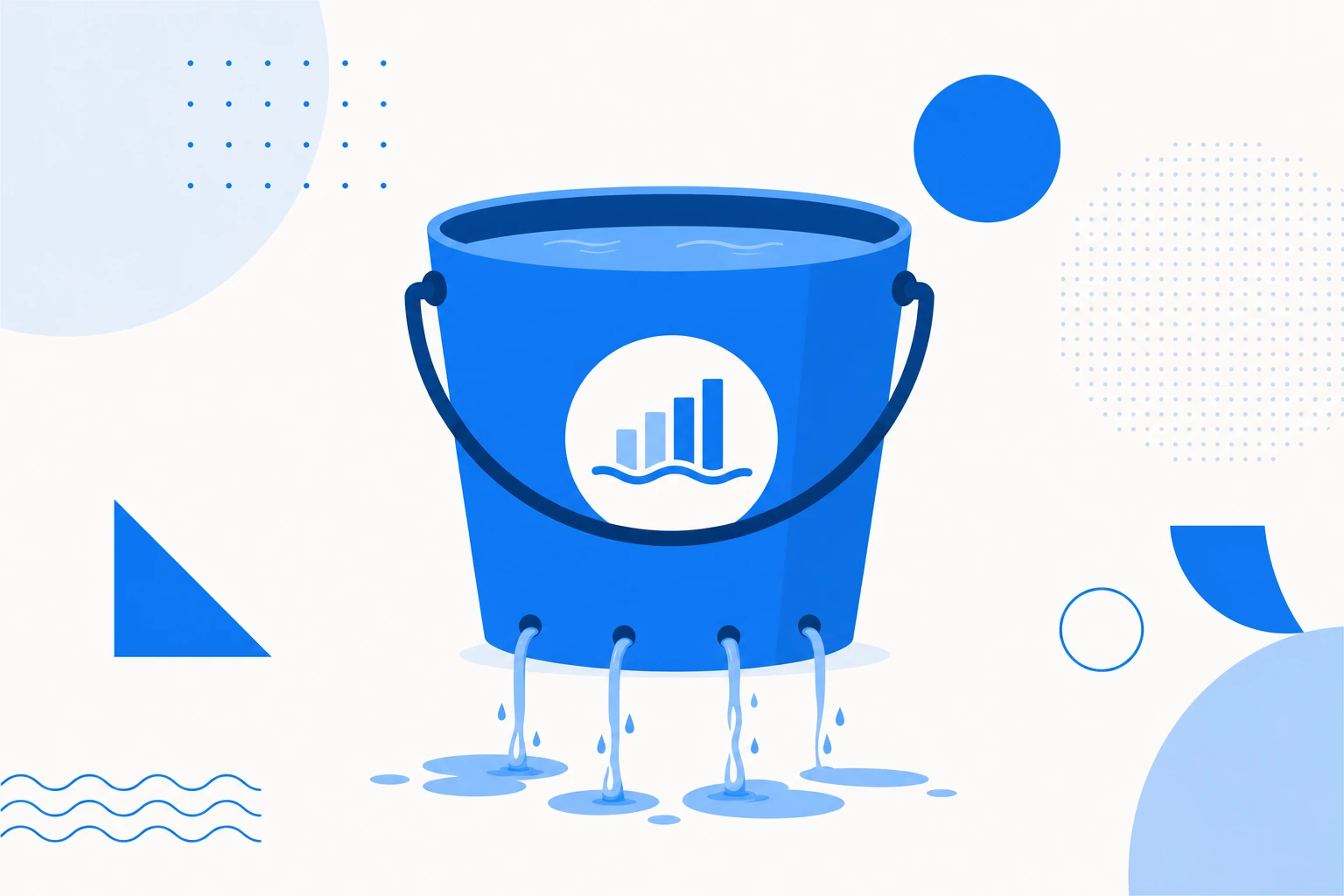 Ilustração de churn bruto de MRR: receita recorrente vazando de uma base de assinaturas por cancelamentos e downgrades.