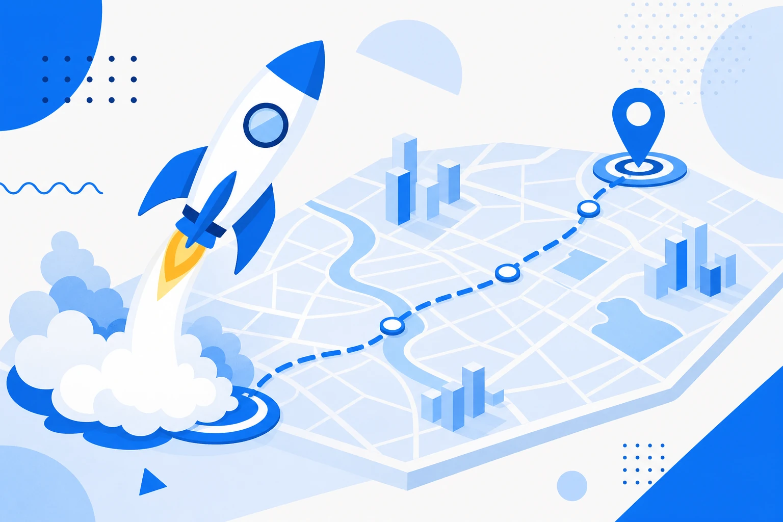 Ilustração de go-to-market: um produto conectado ao mercado por canais, mensagem, preço e vendas.
