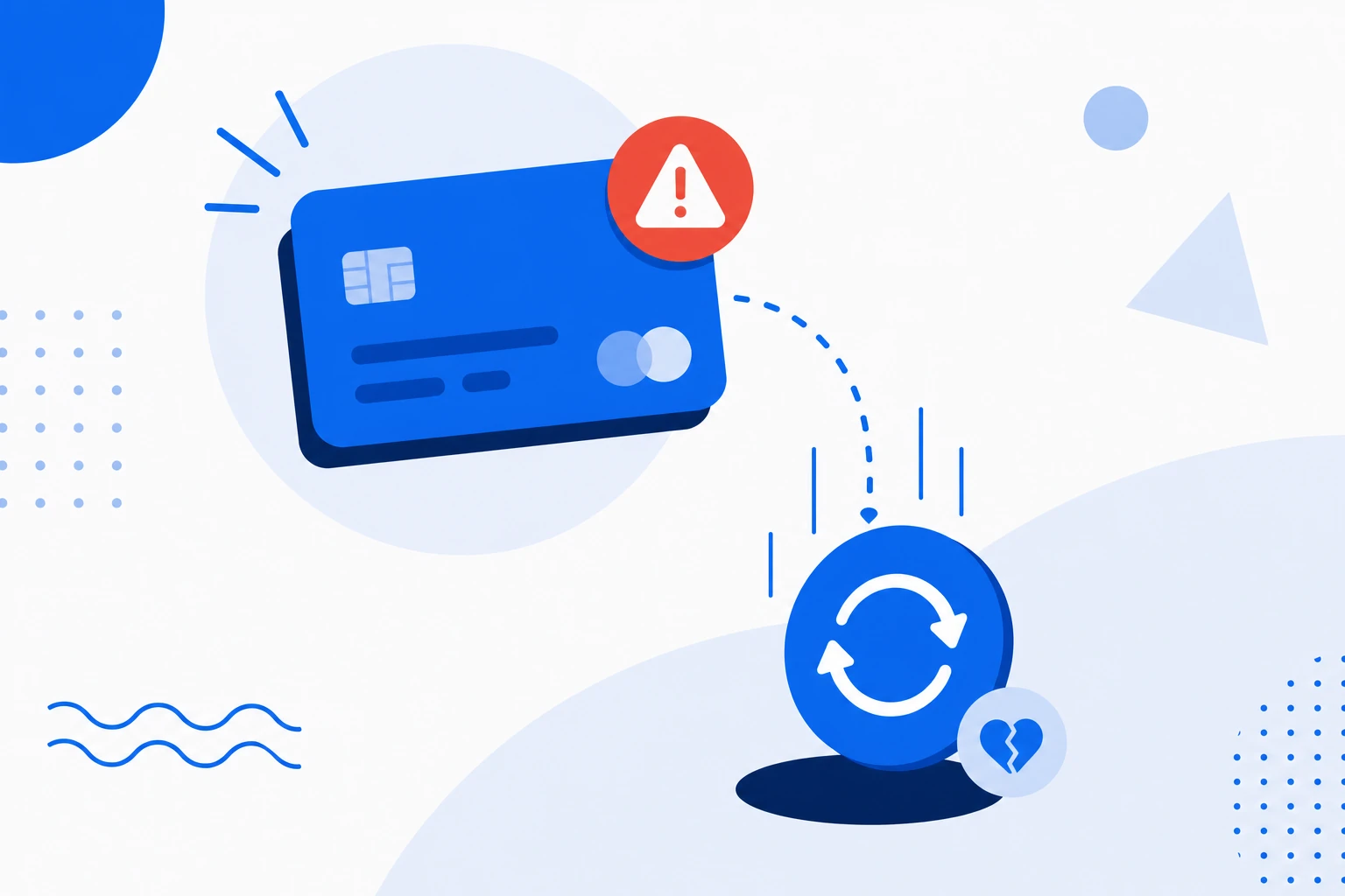 Ilustração de churn involuntário: um cartão de crédito recusado derrubando uma assinatura sem que o cliente tenha decidido sair.