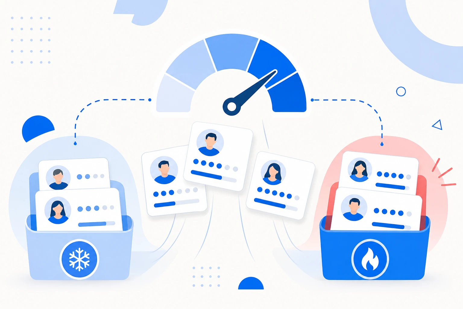Ilustração de lead scoring: uma fila de leads ordenada por pontuação, dos mais quentes aos mais frios.