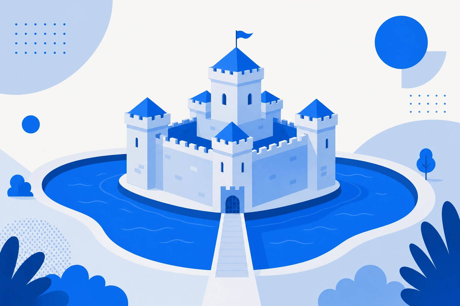 Ilustração de um moat, ou fosso competitivo, protegendo um negócio SaaS da concorrência.