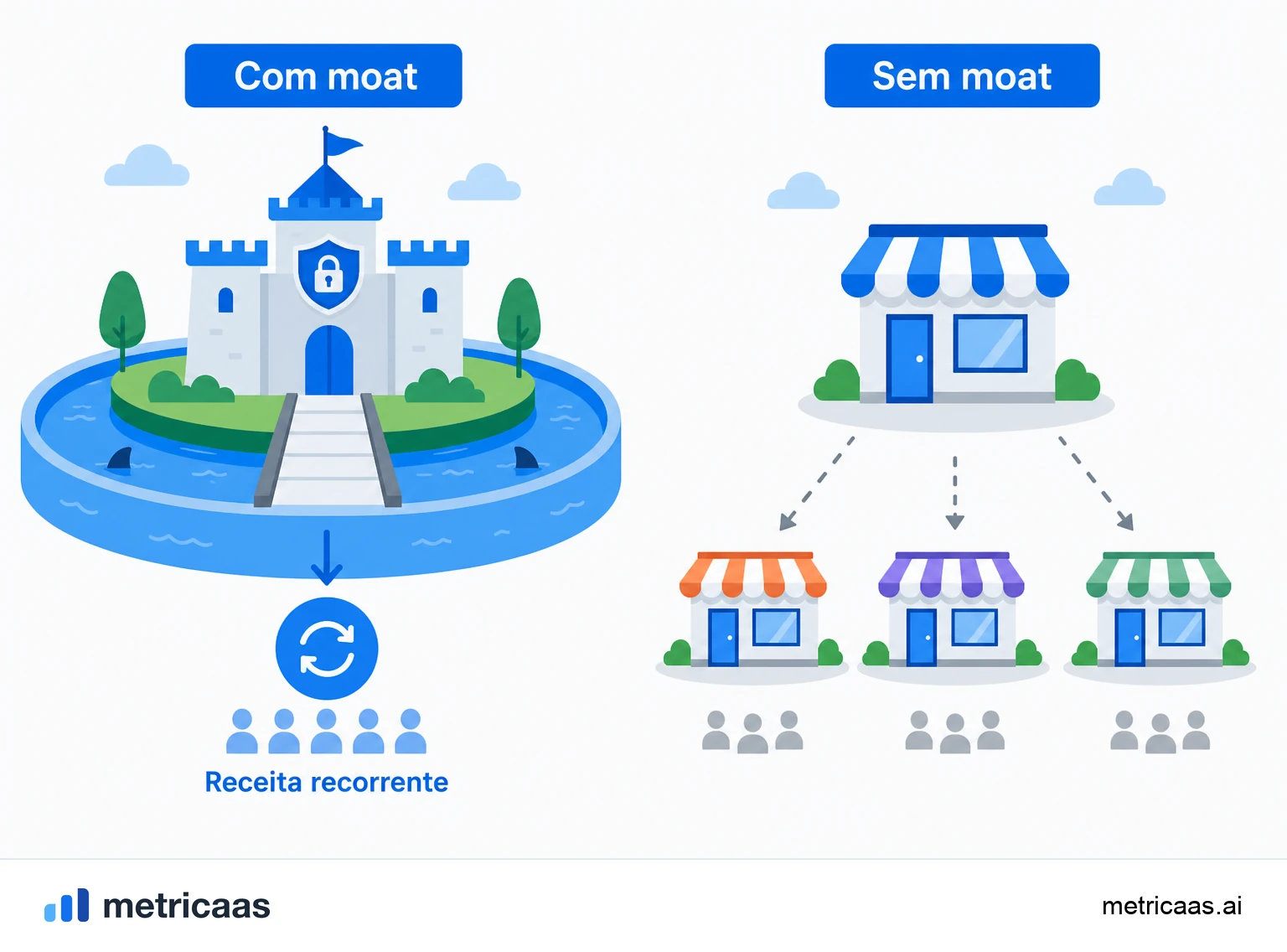 Ilustração de um moat forte aparecendo nas métricas: retenção alta e NRR acima de 100%.