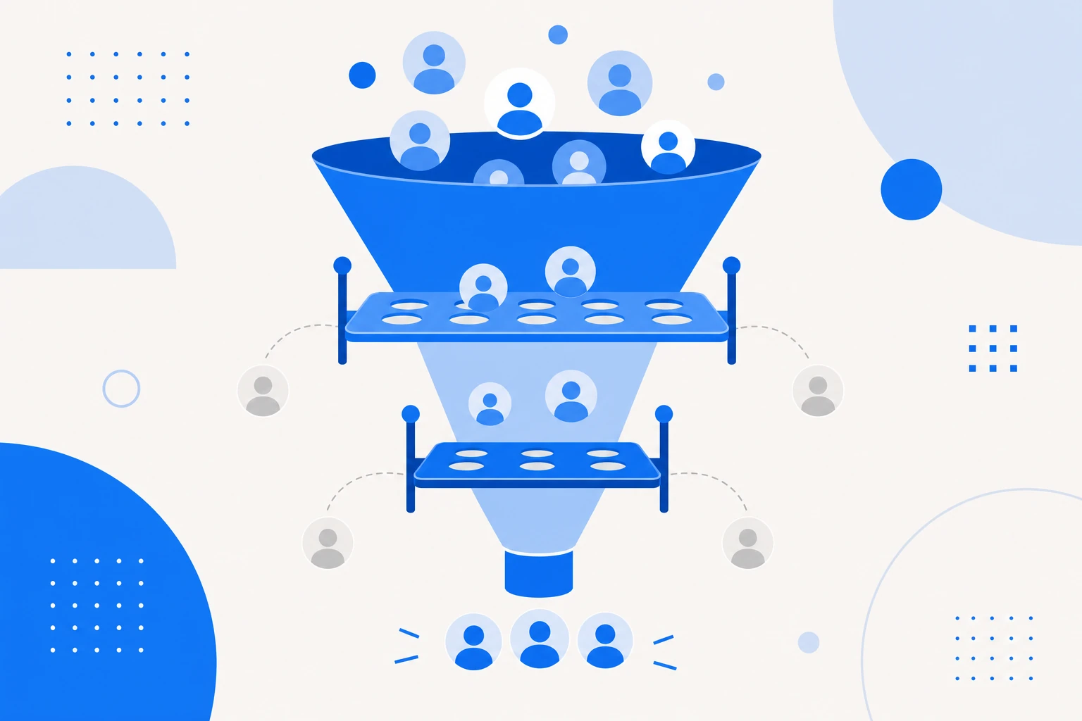 Ilustração da qualificação de leads: um lead avançando pelos estágios MQL e SQL até virar oportunidade.