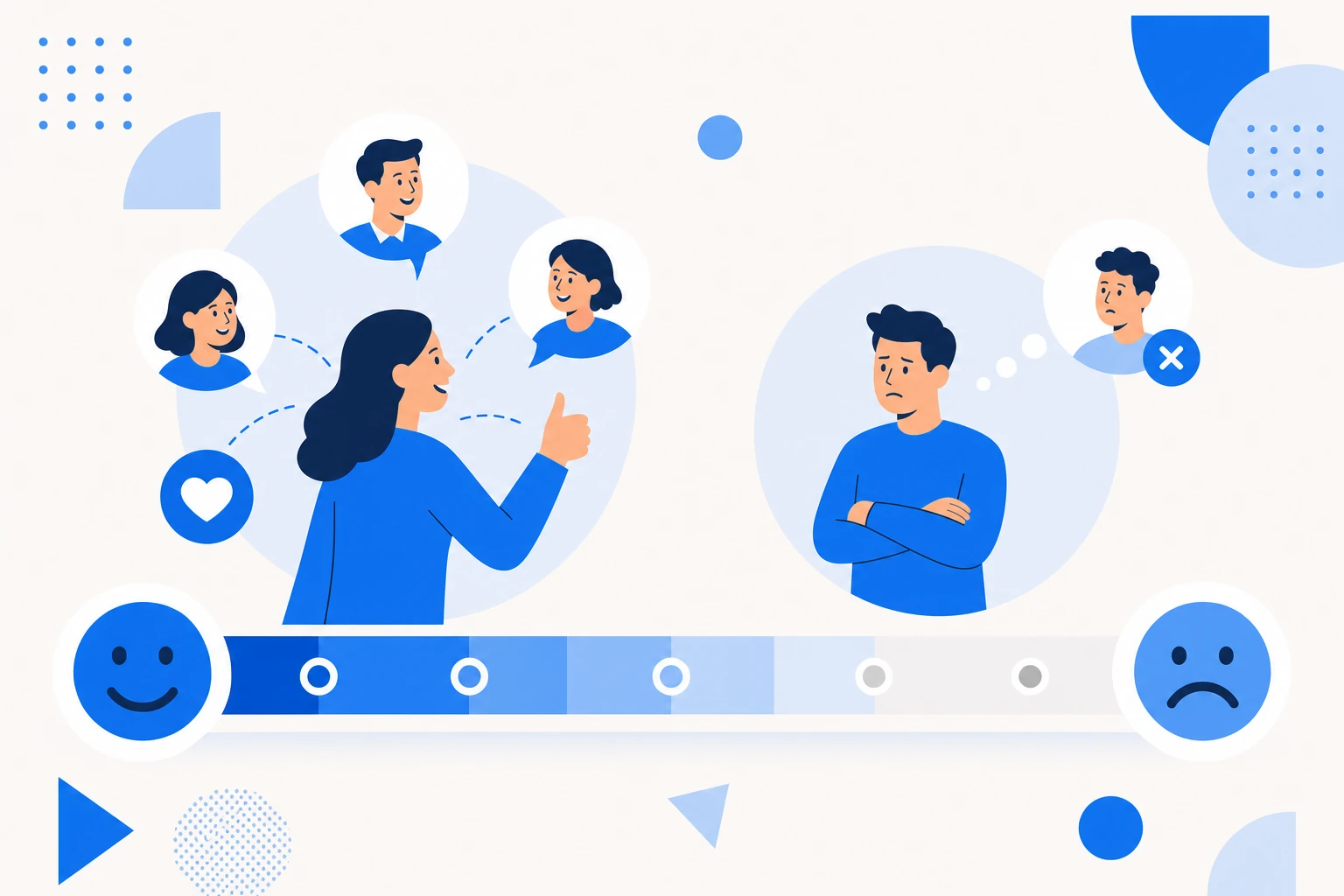 Ilustração do NPS: um medidor com a pergunta de 0 a 10 e clientes recomendando a marca.