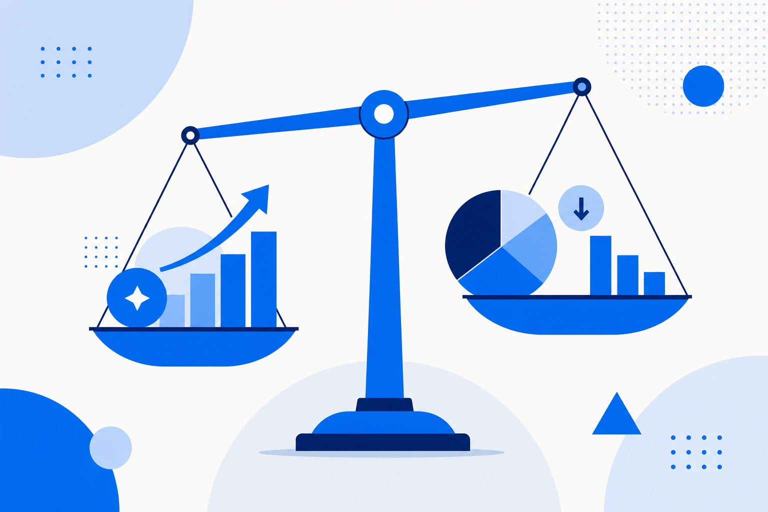 Ilustração do SaaS quick ratio: receita recorrente ganha de um lado e perdida do outro, comparadas em uma balança de eficiência de crescimento.