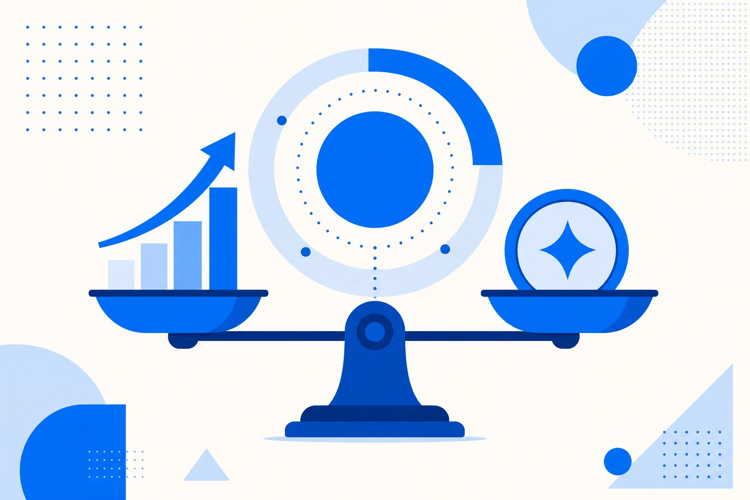 Ilustração da Rule of 40: uma balança equilibrando o crescimento da receita de um lado e a margem de lucro do outro, somando 40%.