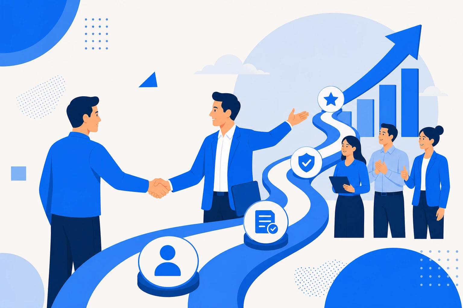 Ilustração de sales-led growth: um vendedor guiando o comprador por uma demonstração até o fechamento do contrato.