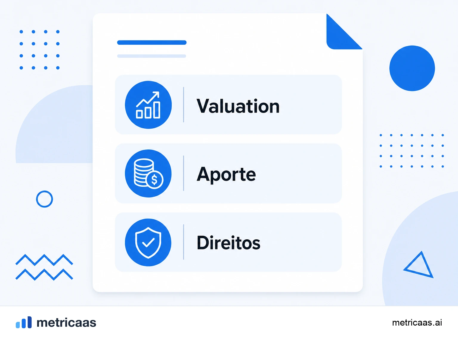 Infográfico das cláusulas de um term sheet: valuation e aporte, preferência de liquidação, conselho e pool de opções.